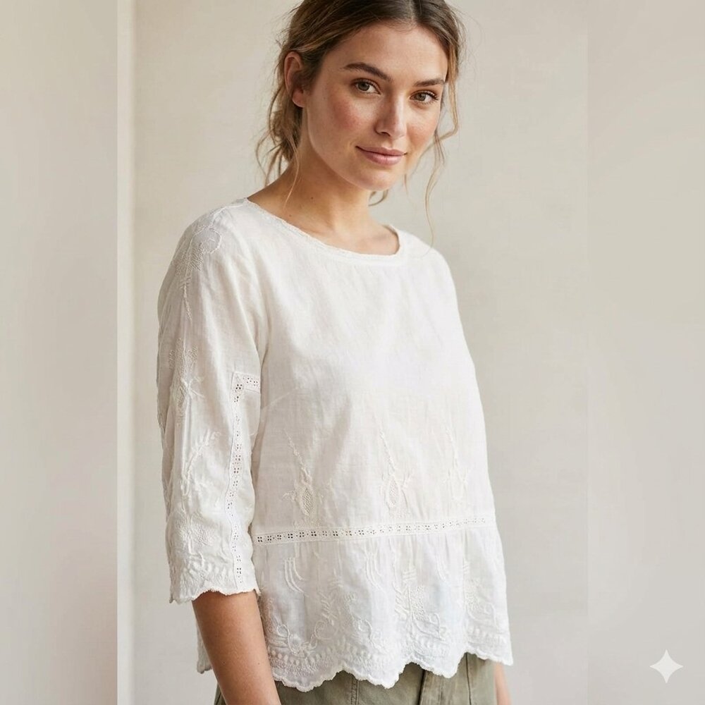 Mango Peasant Blouse Eyelet Embroidered scallop hem boho chic white business